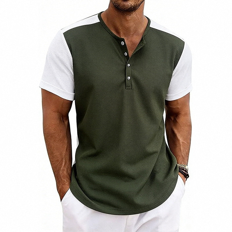 Men's Contrasting-Color Loose Short-Sleeve Henley T-Shirt