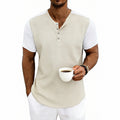 Men's Contrasting-Color Loose Short-Sleeve Henley T-Shirt