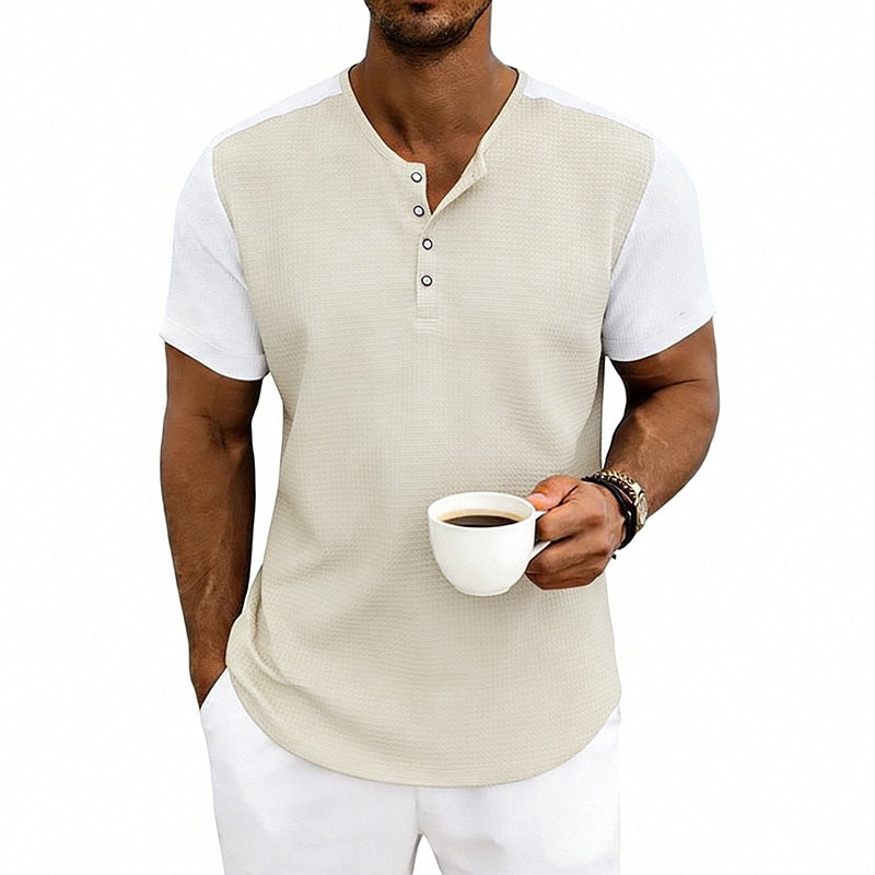 Men's Contrasting-Color Loose Short-Sleeve Henley T-Shirt