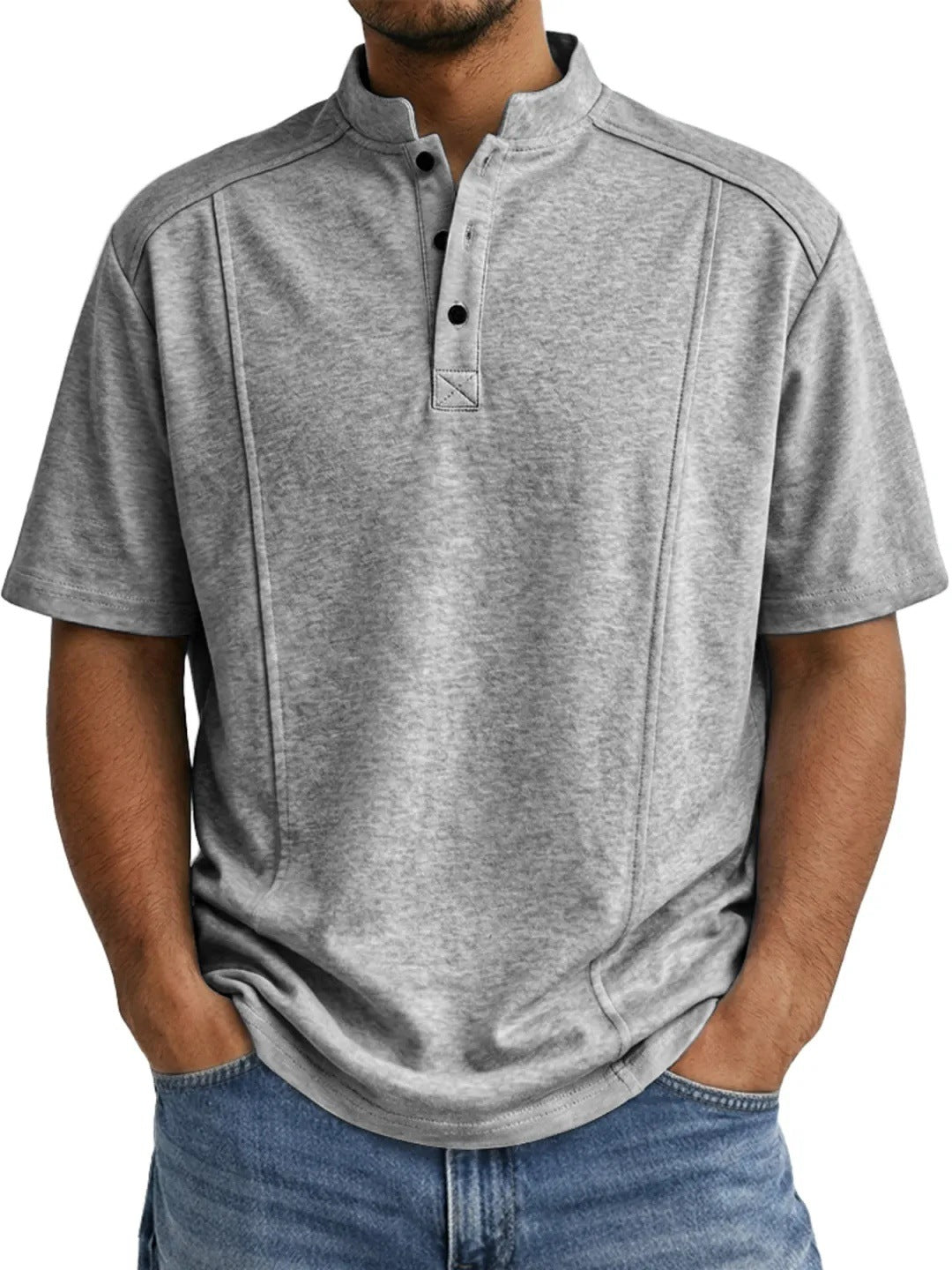 Men's Simple Knitted Henley-Neck Short-Sleeve Polo Shirt