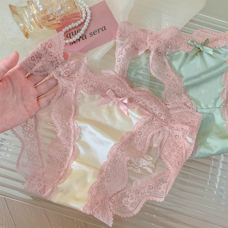 High-slit Satin Sexy Lace Womens Mid-rise Panties