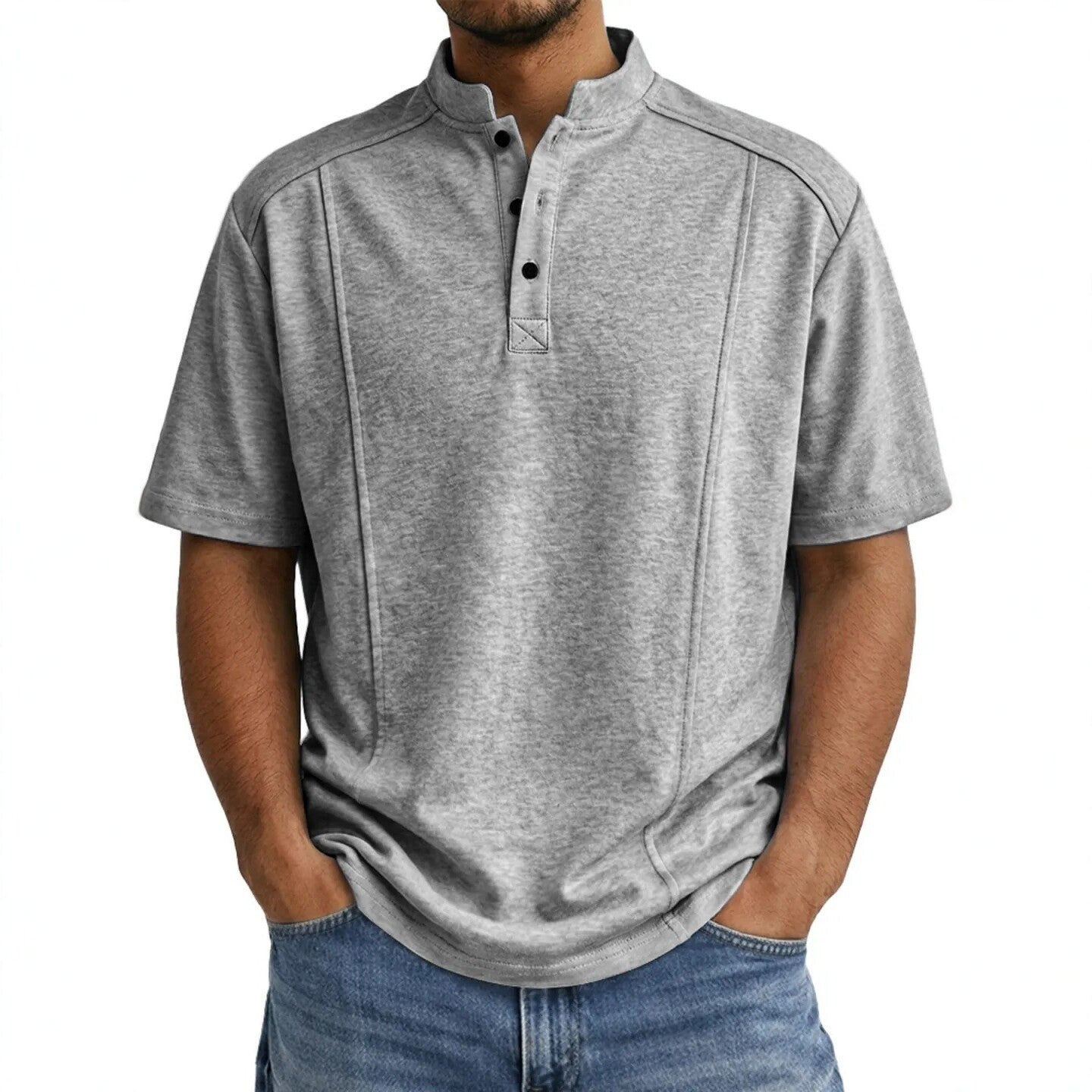 Men's Simple Knitted Henley-Neck Short-Sleeve Polo Shirt