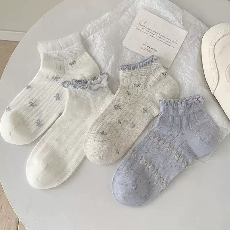 Summer Thin Versatile Spring Summer Girl Blue Japanese Socks Children's Thin Hollow Out Small Floral Boat Socks College Style