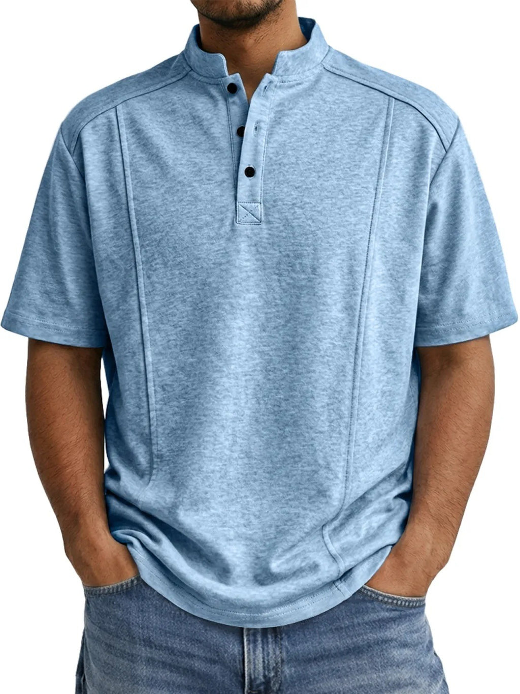 Men's Simple Knitted Henley-Neck Short-Sleeve Polo Shirt