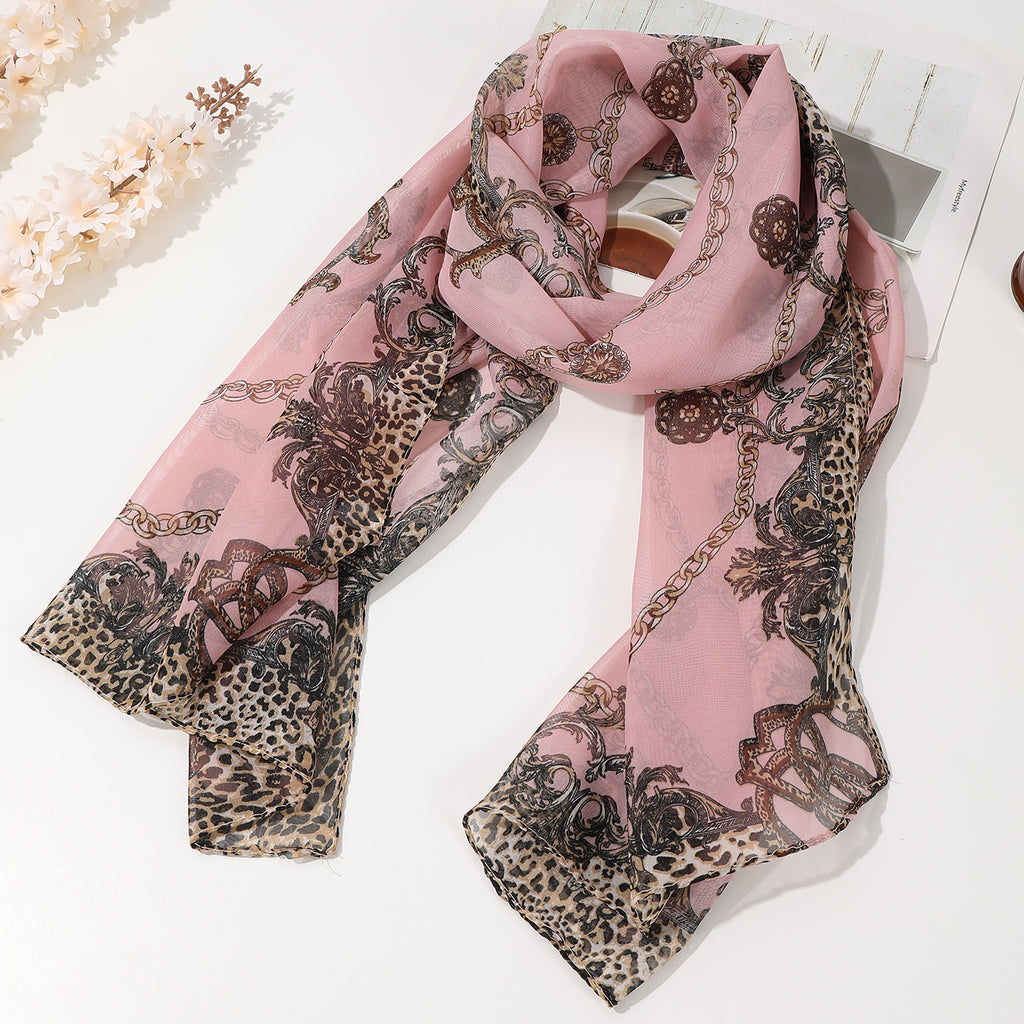 Ladies' Printed Leopard Print Chain Chiffon Thin Silk Scarf, Light, Retro And Elegant Style Scarf, Spring And Summer Daily Casual Travel And Vacation