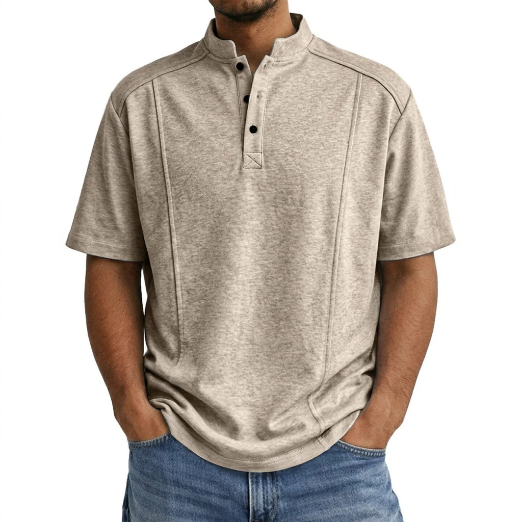 Men's Simple Knitted Henley-Neck Short-Sleeve Polo Shirt