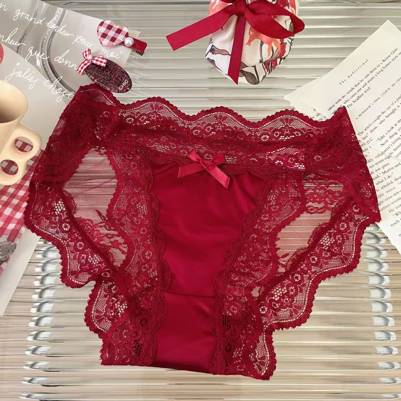 High-slit Satin Sexy Lace Womens Mid-rise Panties