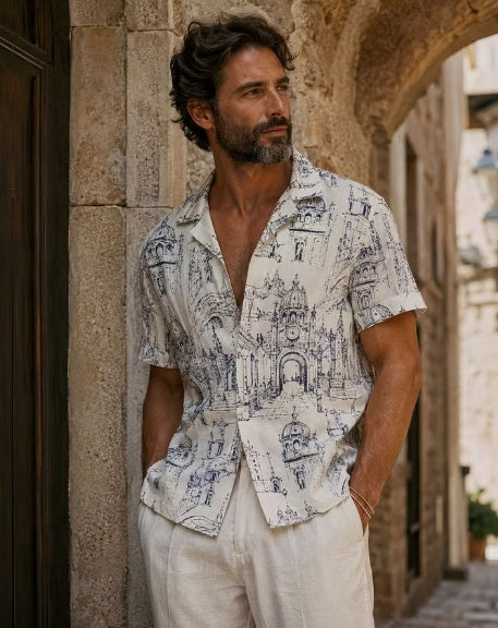 European Architecture Sketch Print Resort Shirt