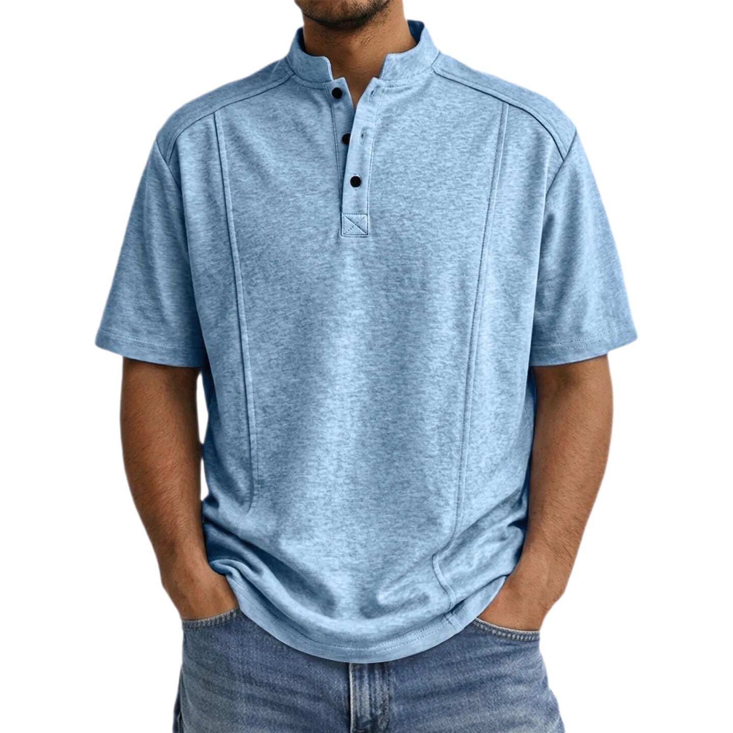 Men's Simple Knitted Henley-Neck Short-Sleeve Polo Shirt