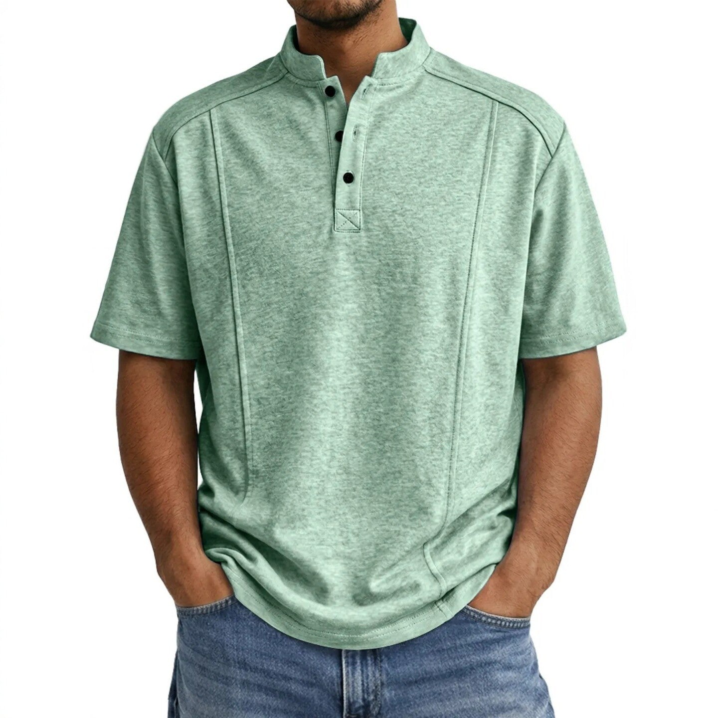 Men's Simple Knitted Henley-Neck Short-Sleeve Polo Shirt