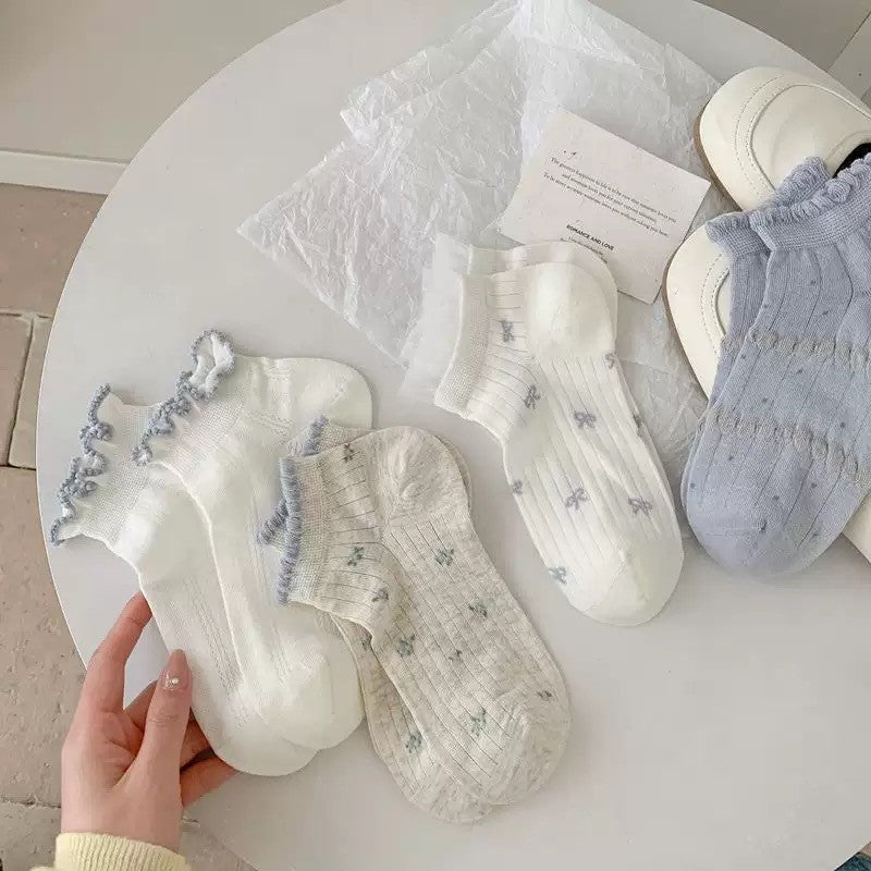 Summer Thin Versatile Spring Summer Girl Blue Japanese Socks Children's Thin Hollow Out Small Floral Boat Socks College Style