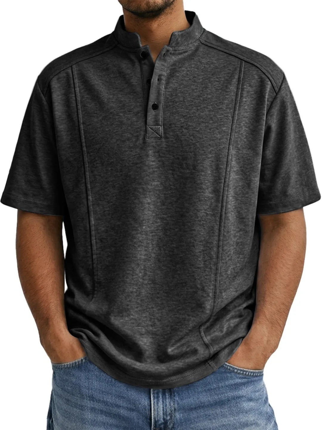 Men's Simple Knitted Henley-Neck Short-Sleeve Polo Shirt