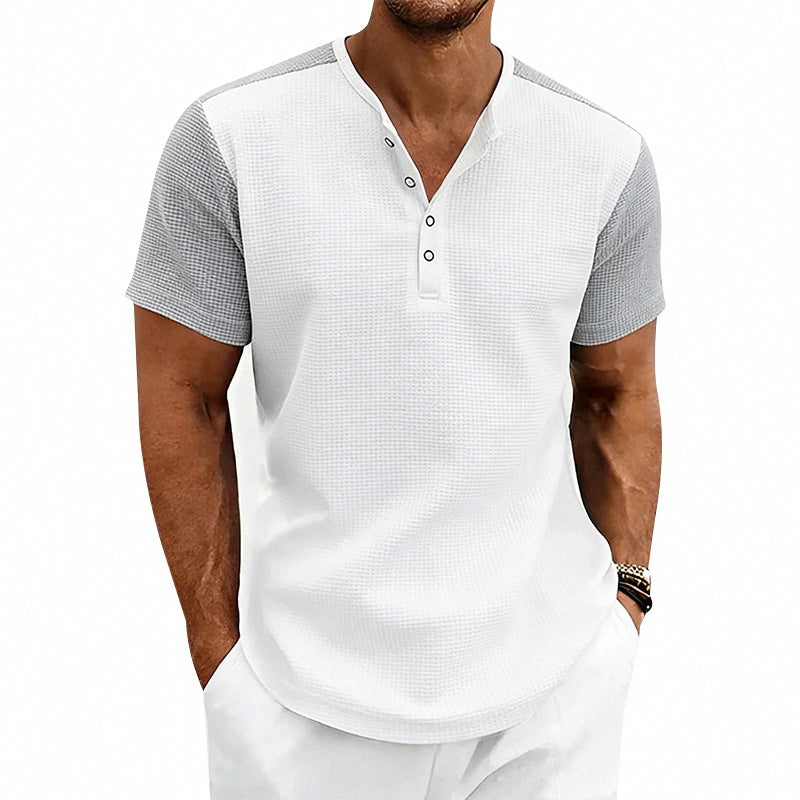 Men's Contrasting-Color Loose Short-Sleeve Henley T-Shirt