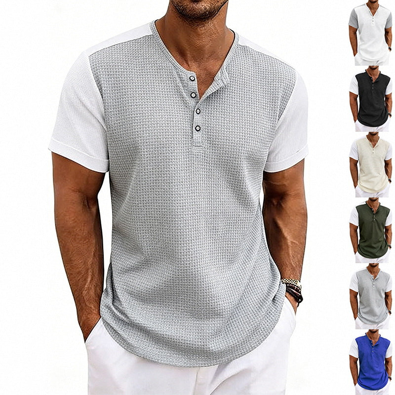 Men's Contrasting-Color Loose Short-Sleeve Henley T-Shirt