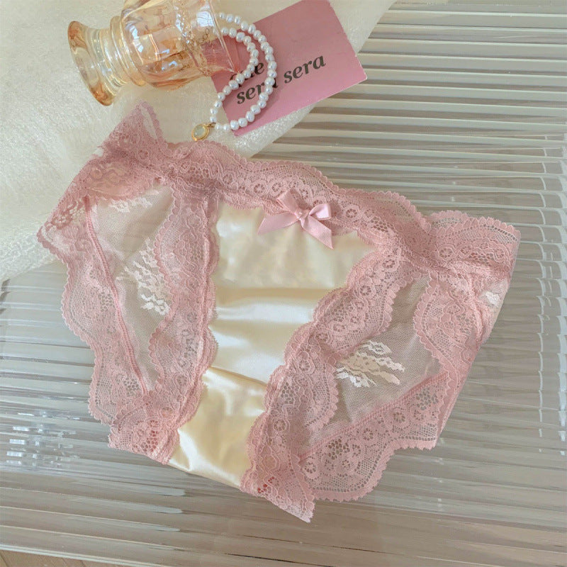 High-slit Satin Sexy Lace Womens Mid-rise Panties