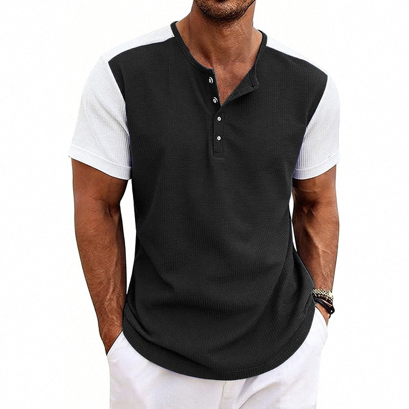 Men's Contrasting-Color Loose Short-Sleeve Henley T-Shirt
